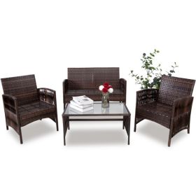Patio Furniture 4 Pieces Conversation Sets Outdoor Wicker Rattan Chairs Garden Backyard Balcony Porch Poolside loveseat with Glass Coffee Table; Brown