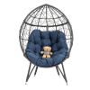 COOLMORE Outdoor Patio Wicker Egg Chair Indoor Basket Wicker Chair with Navy Cusion for Backyard Poolside
