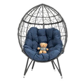 COOLMORE Outdoor Patio Wicker Egg Chair Indoor Basket Wicker Chair with Navy Cusion for Backyard Poolside