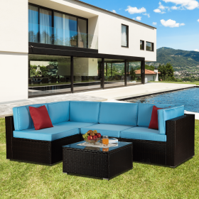 Beefurni Outdoor Garden Patio Furniture 5-Piece Brown PE Rattan Wicker Sectional Blue Cushioned Sofa Sets with 2 Red Pillows