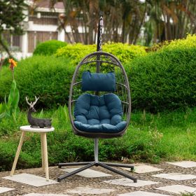 Indoor outdoor patio Wicker Hanging Chair Swing Chair Patio Egg Chair UV Resistant Blue cushion Aluminum frame