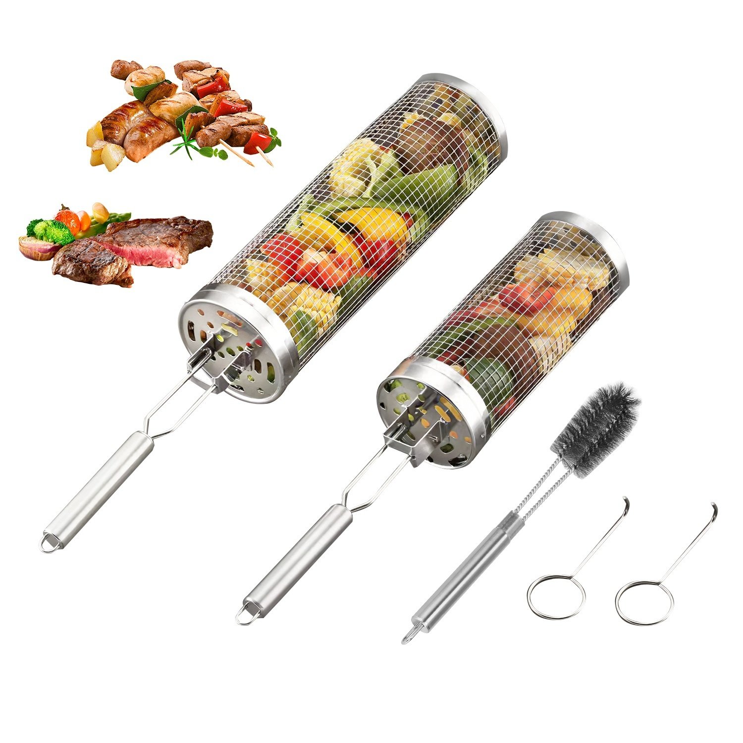 2Pack Rolling Grill Baskets BBQ Net Tubes Stainless Steel Barbecue Grill Grates with 2 Handles 2 Hooks Cleaning Brush for Vegetable Fish Meat Food Cam 2Pack Rolling Grill Baskets BBQ Net Tubes Stainless Steel Barbecue Grill Grates with 2 Handles 2 Hooks Cleaning Brush for Vegetable Fish Meat Food Cam