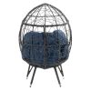 COOLMORE Outdoor Patio Wicker Egg Chair Indoor Basket Wicker Chair with Navy Cusion for Backyard Poolside