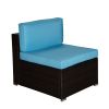 Beefurni Outdoor Garden Patio Furniture 5-Piece Brown PE Rattan Wicker Sectional Blue Cushioned Sofa Sets with 2 Red Pillows