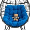 COOLMORE Outdoor Patio Wicker Egg Chair Indoor Basket Wicker Chair with Blue Cusion for Backyard Poolside