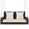 GO 2-Person Wicker Hanging Porch Swing with Chains; Cushion; Pillow; Rattan Swing Bench for Garden; Backyard; Pond. (Brown Wicker; Beige Cushion)
