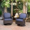 Linsten Outdoor Wicker Swivel Club Chairs with Water Resistant Cushions Dark Brown+Navy Blue (set of 2)