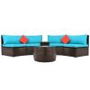 4-Piece Patio Furniture Sets; Outdoor Half-Moon Sectional Furniture Wicker Sofa Set with Two Pillows and Coffee Table; Blue Cushions+Brown Wicker