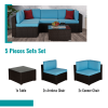 Beefurni Outdoor Garden Patio Furniture 5-Piece Brown PE Rattan Wicker Sectional Blue Cushioned Sofa Sets with 2 Red Pillows