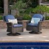 Linsten Outdoor Wicker Swivel Club Chairs with Water Resistant Cushions Dark Brown+Navy Blue (set of 2)