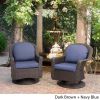 Linsten Outdoor Wicker Swivel Club Chairs with Water Resistant Cushions Dark Brown+Navy Blue (set of 2)