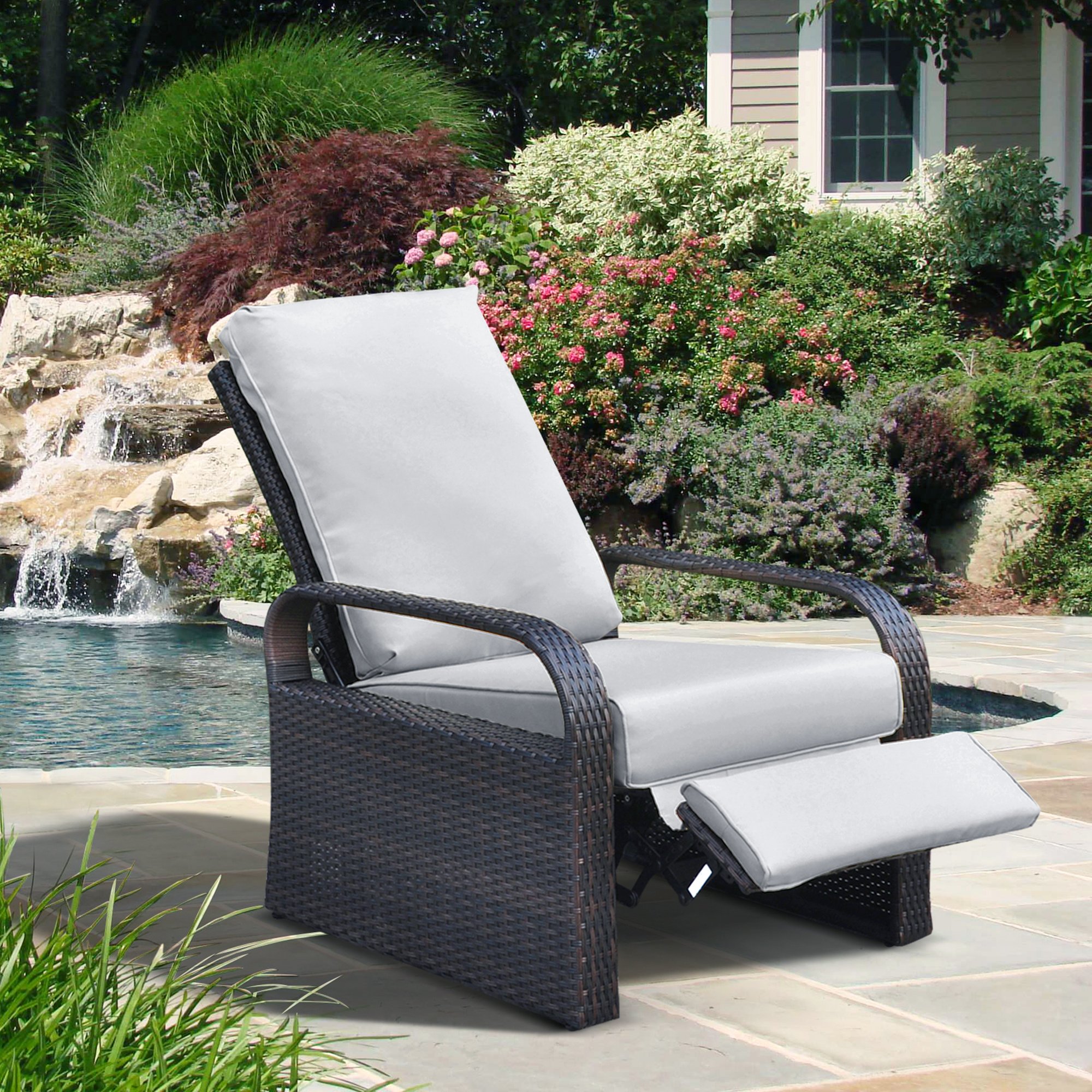 Outdoor Recliner Chair; Automatic Adjustable Wicker Lounge Recliner Chair with 5.12'' Thicken Cushion Outdoor Recliner Chair; Automatic Adjustable Wicker Lounge Recliner Chair with 5.12'' Thicken Cushion