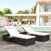 Outdoor PE Wicker Chaise Lounge - 2 Piece Patio Brown Rattan Reclining Chair Furniture Set Beach Pool Adjustable Backrest Recliners with Side Table an